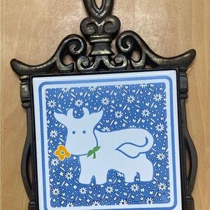 Vintage Cast Iron Trivet With Ceramic Blue Tile Cow with Yellow Flower 11-1/2" H